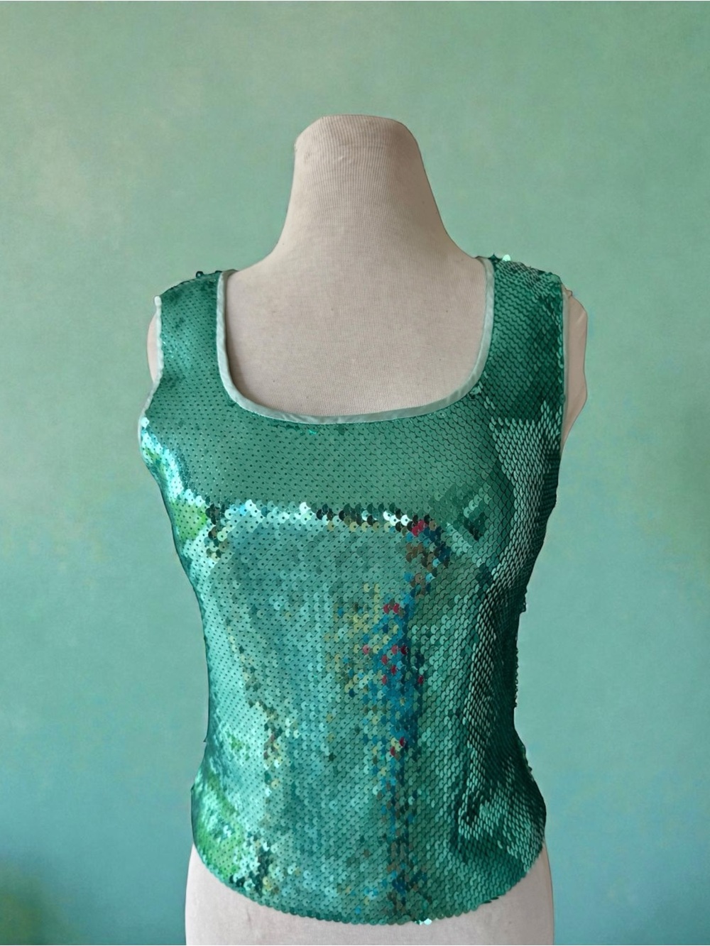 Vtg 90s Tempesta Gruppo Italiano Aqua Sequin Tank Top Sz 6 Evening Glam